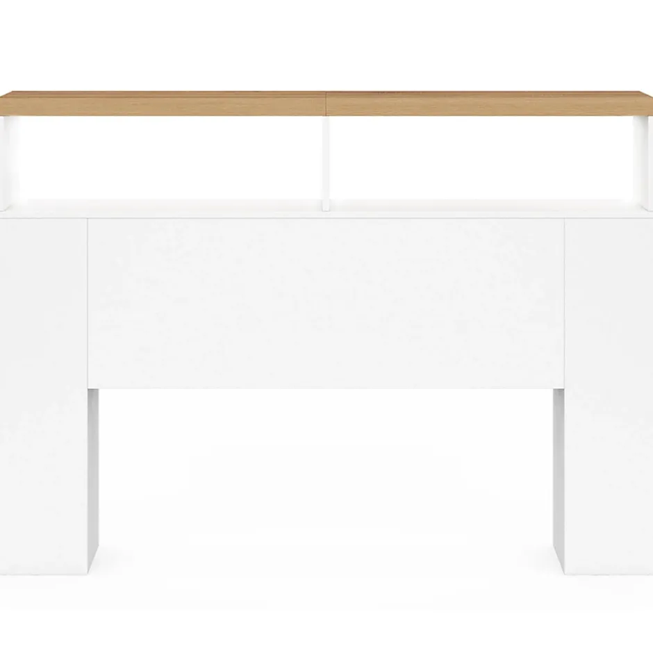 IDMarket Tête de lit sur pied LUNA à LEDS 145 cm avec rangements fermés et niches blanc et plateau effet bois Outlet