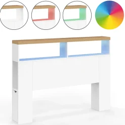 IDMarket Tête de lit sur pied LUNA à LEDS 145 cm avec rangements fermés et niches blanc et plateau effet bois Outlet