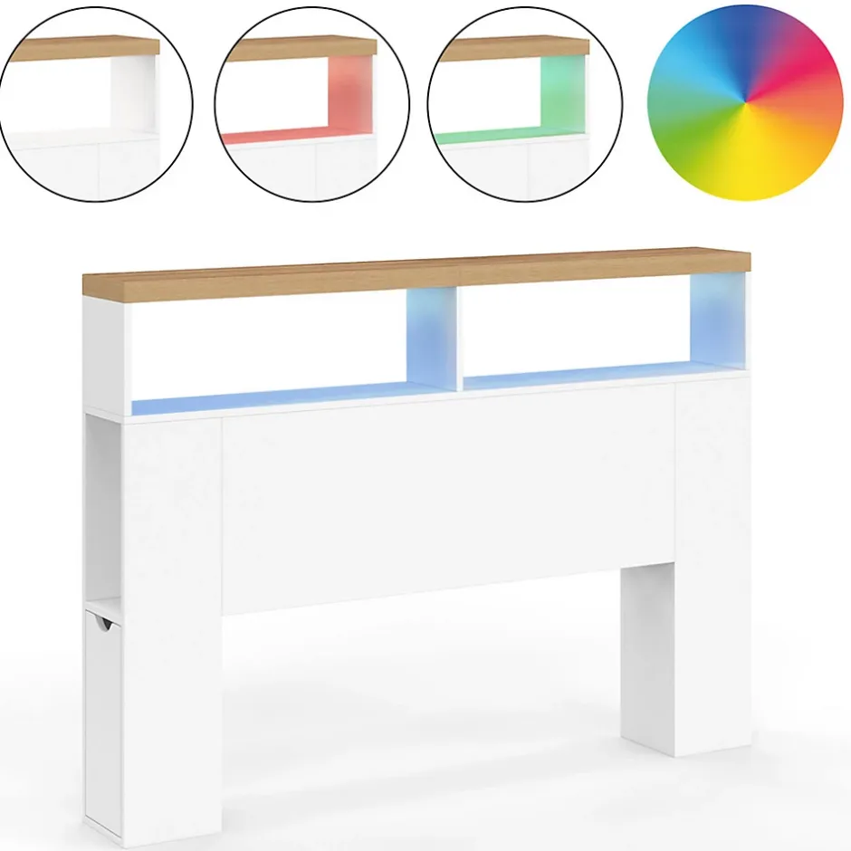 IDMarket Tête de lit sur pied LUNA à LEDS 145 cm avec rangements fermés et niches blanc et plateau effet bois Outlet