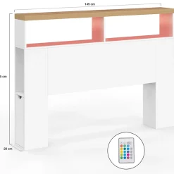 IDMarket Tête de lit sur pied LUNA à LEDS 145 cm avec rangements fermés et niches blanc et plateau effet bois Outlet
