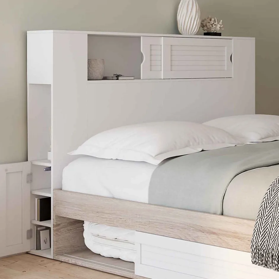 IDMarket Tête de lit sur pied SALEM 145 cm avec rangements fermés et niches blanc Online