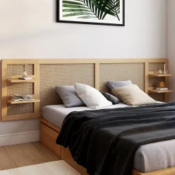 IDMarket Tête de lit suspendue EDHEN 240 cm cannage et bois avec étagères Clearance