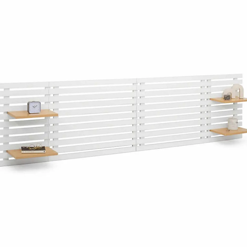 IDMarket Tête de lit suspendue en lattes AVA 240 cm bois blanc et étagères façon hêtre
