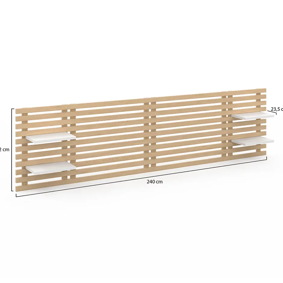 IDMarket Tête de lit suspendue en lattes AVA 240 cm bois clair et étagères blanches Hot