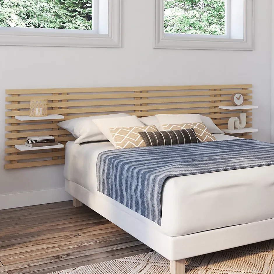 IDMarket Tête de lit suspendue en lattes AVA 240 cm bois clair et étagères blanches Hot