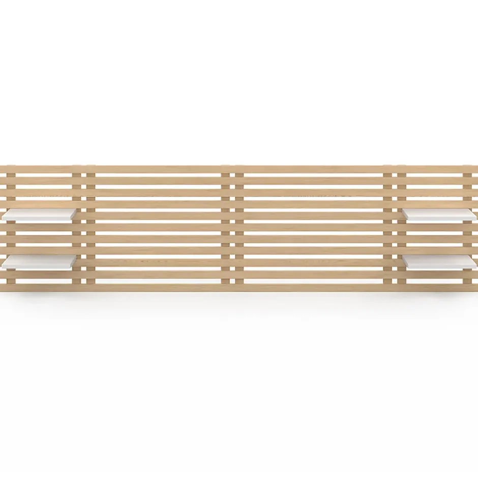 IDMarket Tête de lit suspendue en lattes AVA 240 cm bois clair et étagères blanches Hot