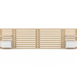 IDMarket Tête de lit suspendue en lattes AVA 240 cm avec chevets + tiroir façon bois clair et blanc Hot