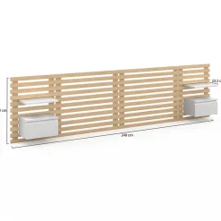 IDMarket Tête de lit suspendue en lattes AVA 240 cm avec chevets + tiroir façon bois clair et blanc Hot