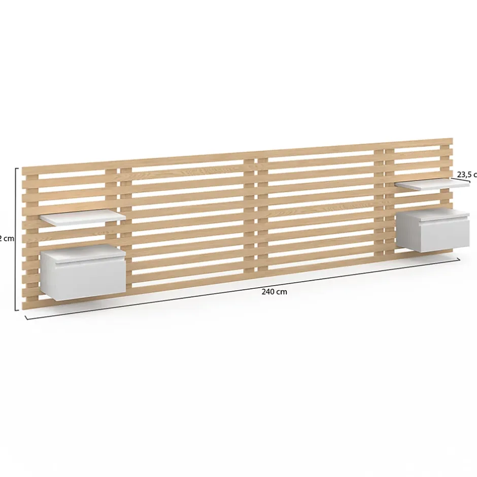 IDMarket Tête de lit suspendue en lattes AVA 240 cm avec chevets + tiroir façon bois clair et blanc Hot