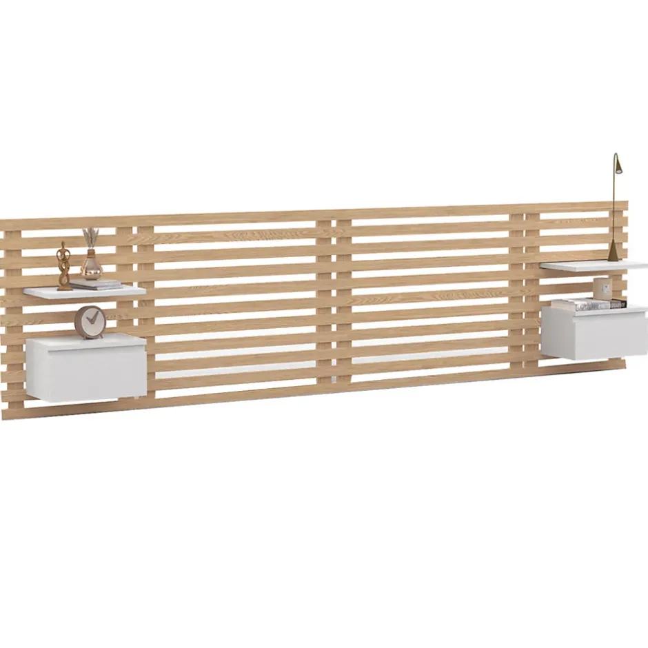 IDMarket Tête de lit suspendue en lattes AVA 240 cm avec chevets + tiroir façon bois clair et blanc Hot
