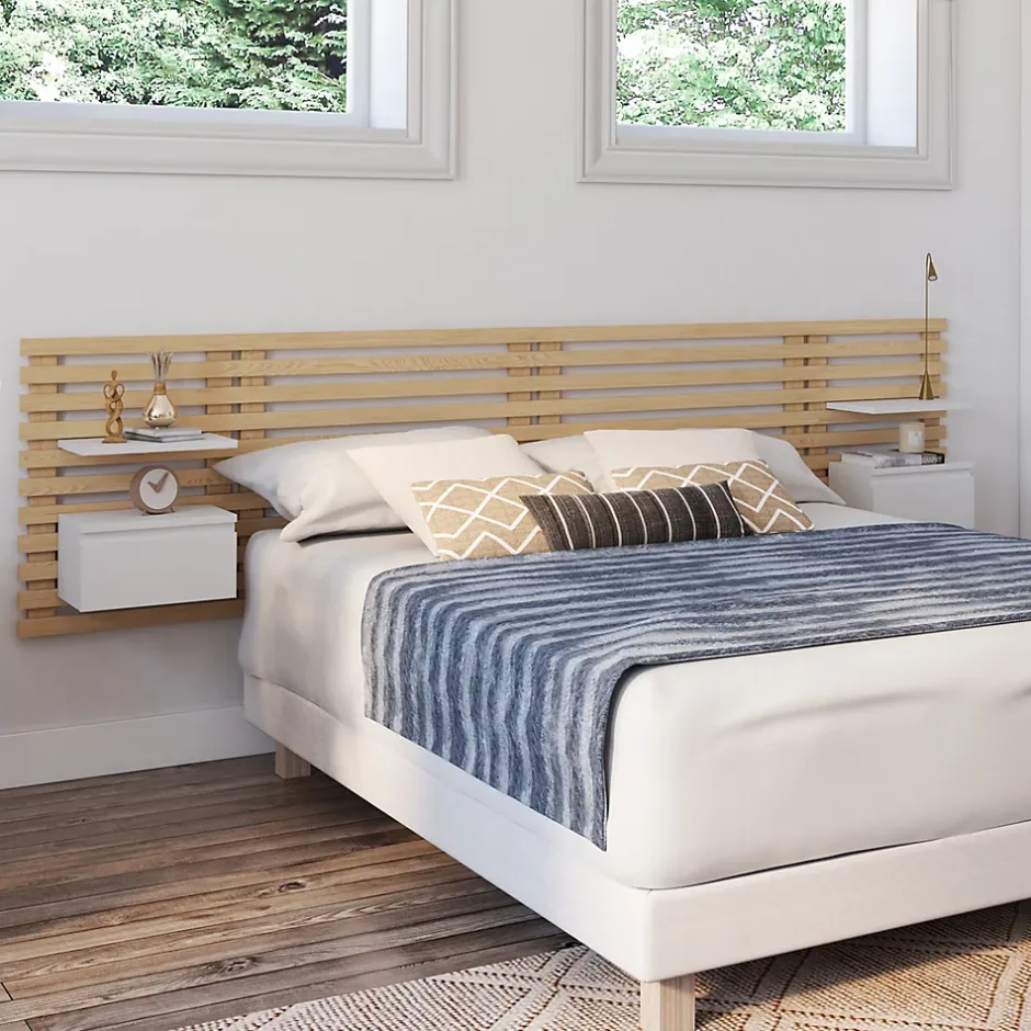 IDMarket Tête de lit suspendue en lattes AVA 240 cm avec chevets + tiroir façon bois clair et blanc Hot