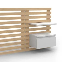 IDMarket Tête de lit suspendue en lattes AVA 240 cm avec chevets + tiroir façon bois clair et blanc Hot