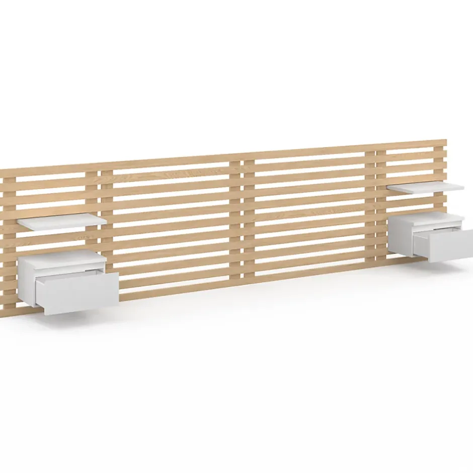 IDMarket Tête de lit suspendue en lattes AVA 240 cm avec chevets + tiroir façon bois clair et blanc Hot