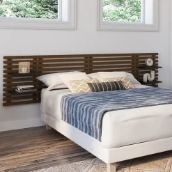 IDMarket Tête de lit suspendue en lattes AVA 240 cm bois vieilli et étagères noires