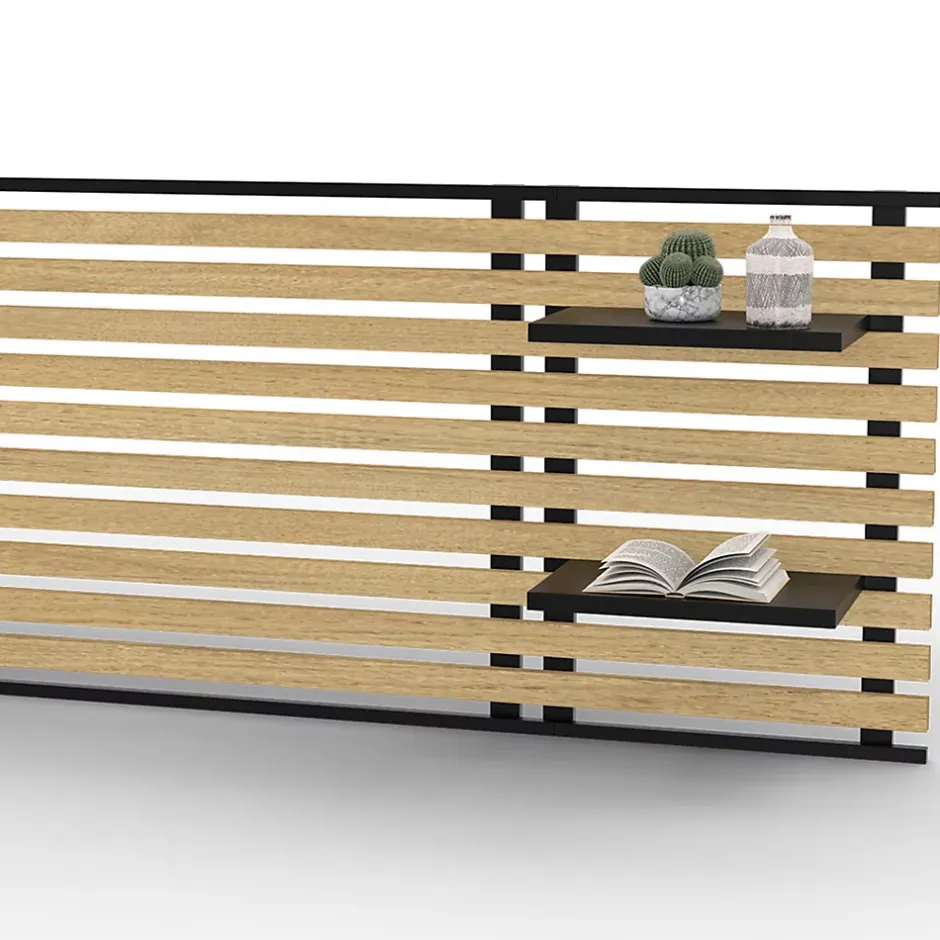 IDMarket Tête de lit suspendue en lattes DETROIT 240 cm bois et métal noir avec étagères design industriel Hot