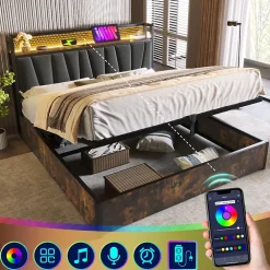 Urban Meuble Lit double tissu gris avec éclairage LED et rangement 140x200cm Online