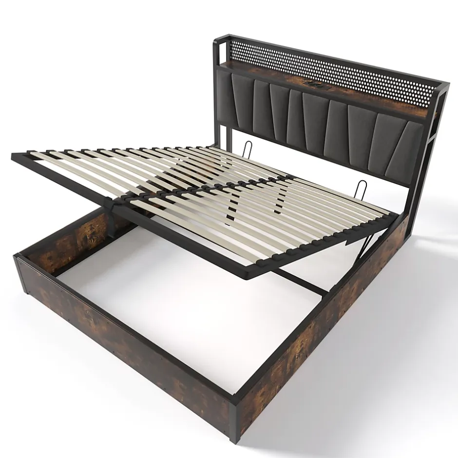 Urban Meuble Lit double tissu gris avec éclairage LED et rangement 140x200cm Online