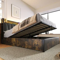 Urban Meuble Lit double tissu gris avec éclairage LED et rangement 140x200cm Online