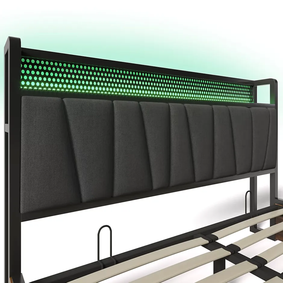 Urban Meuble Lit double tissu gris avec éclairage LED et rangement 140x200cm Online