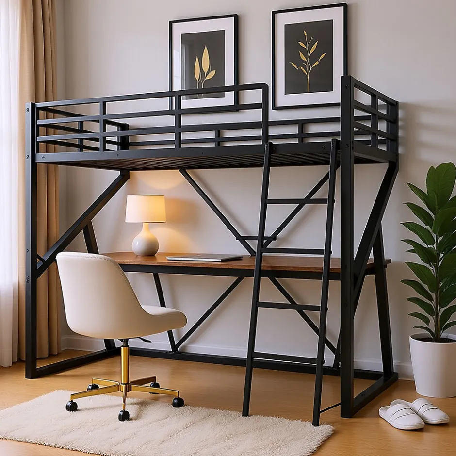 Urban Meuble Lit superposé métallique enfant noir avec LED, bureau intégré