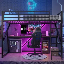 Urban Meuble Lit superposé métallique enfant noir avec LED, bureau intégré