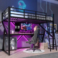 Urban Meuble Lit superposé métallique enfant noir avec LED, bureau intégré