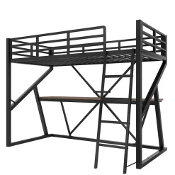 Urban Meuble Lit superposé métallique enfant noir avec LED, bureau intégré