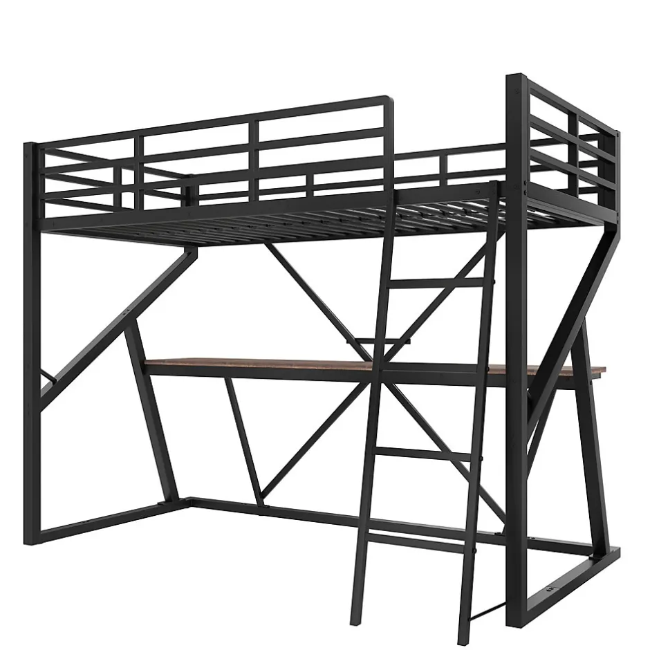 Urban Meuble Lit superposé métallique enfant noir avec LED, bureau intégré