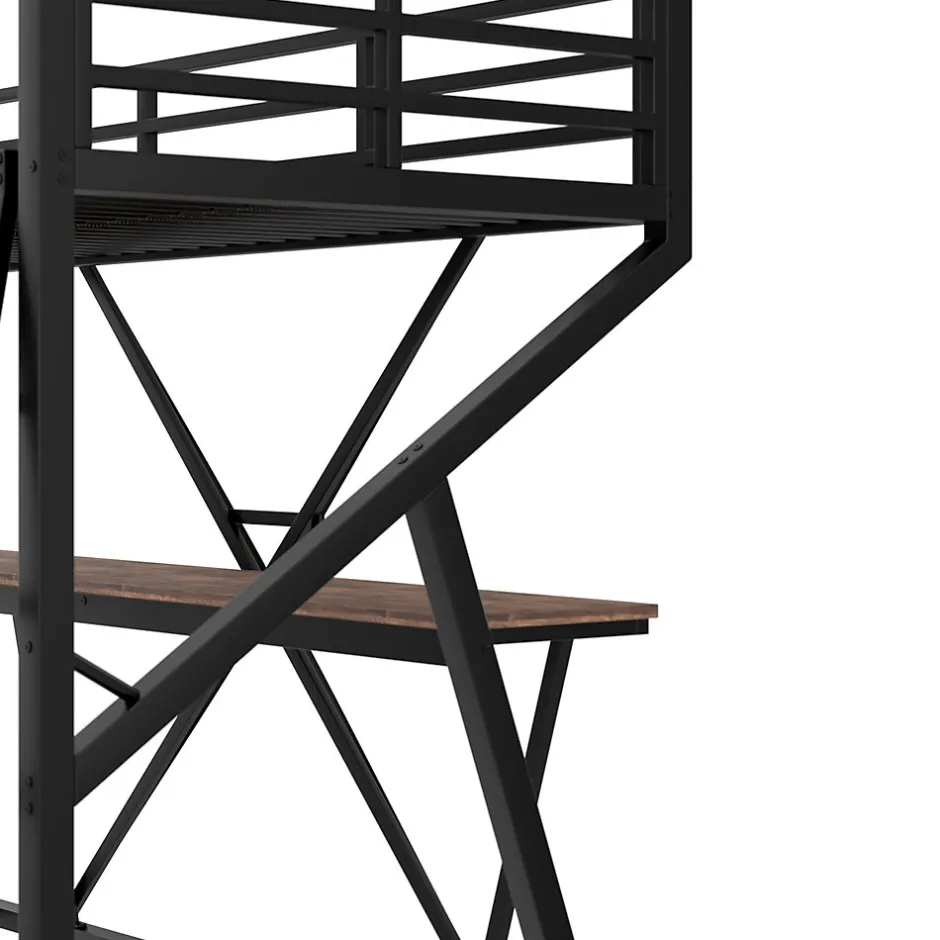 Urban Meuble Lit superposé métallique enfant noir avec LED, bureau intégré
