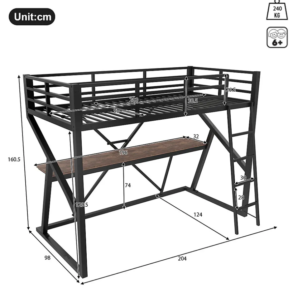 Urban Meuble Lit superposé métallique enfant noir avec LED, bureau intégré