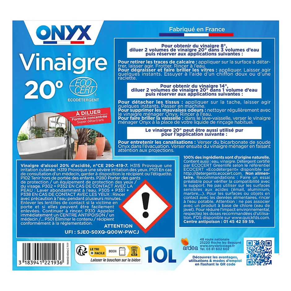 Onyx Vinaigre 20° formule concentrée 10L