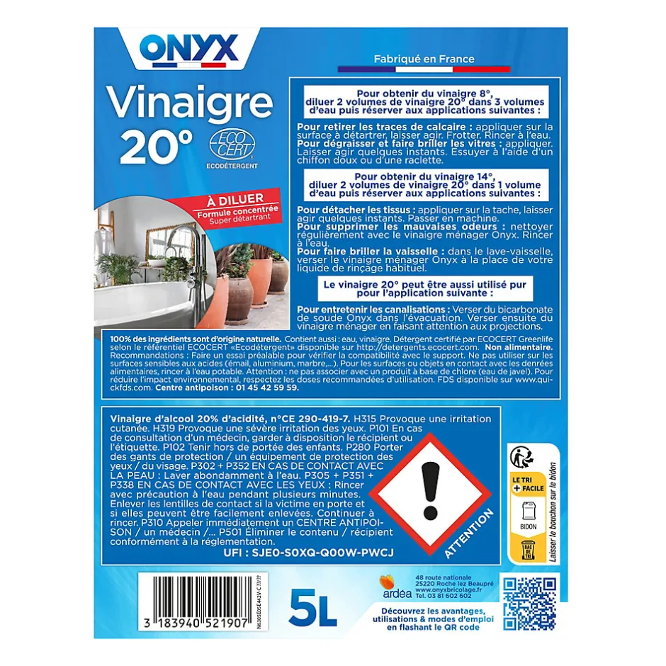 Onyx Vinaigre 20° formule concentrée 5L