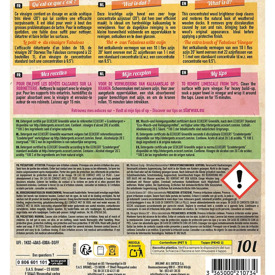 Starwax Fabulous Vinaigre blanc 20° ultra haute concentration Starwax The fabulous 10L