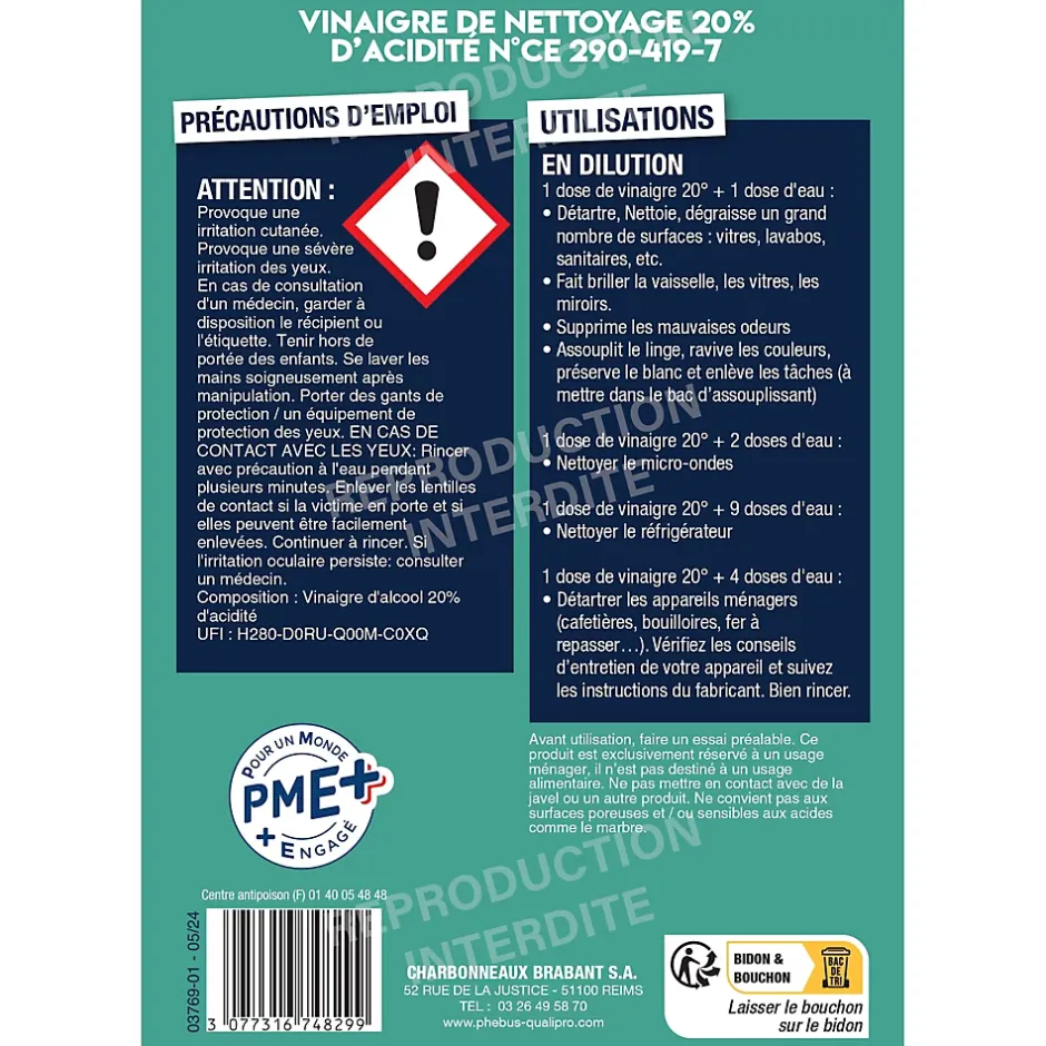 Phebus Vinaigre ménager à diluer 20° 5L New