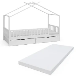 Enfant Vitalispa® Vitalispa Lit cabane Blanc 90x200 cm avec 2 tiroirs et matelas