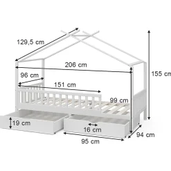 Enfant Vitalispa® Vitalispa Lit cabane Blanc 90x200 cm avec 2 tiroirs et matelas