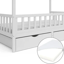 Vitalispa® Vitalispa Lit cabane Blanc 80x160 cm avec 2 tiroirs et matelas