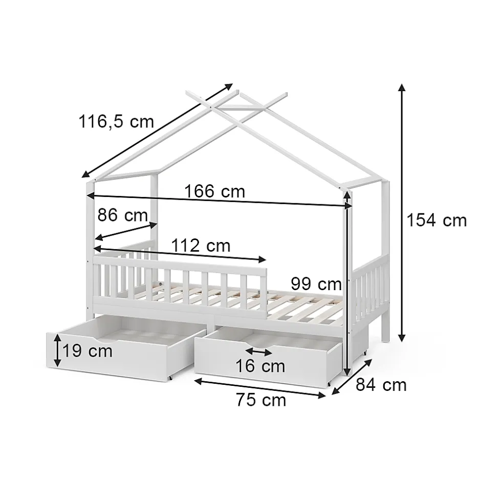 Vitalispa® Vitalispa Lit cabane Blanc 80x160 cm avec 2 tiroirs et matelas