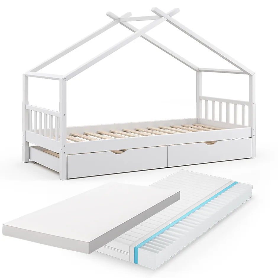 Enfant Vitalispa® Vitalispa Lit cabane Blanc 90x200 cm avec lit dappoint et 2 matelas