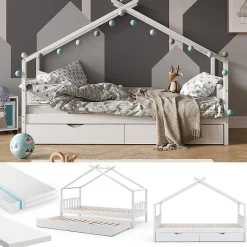 Enfant Vitalispa® Vitalispa Lit cabane Blanc 90x200 cm avec lit dappoint et 2 matelas
