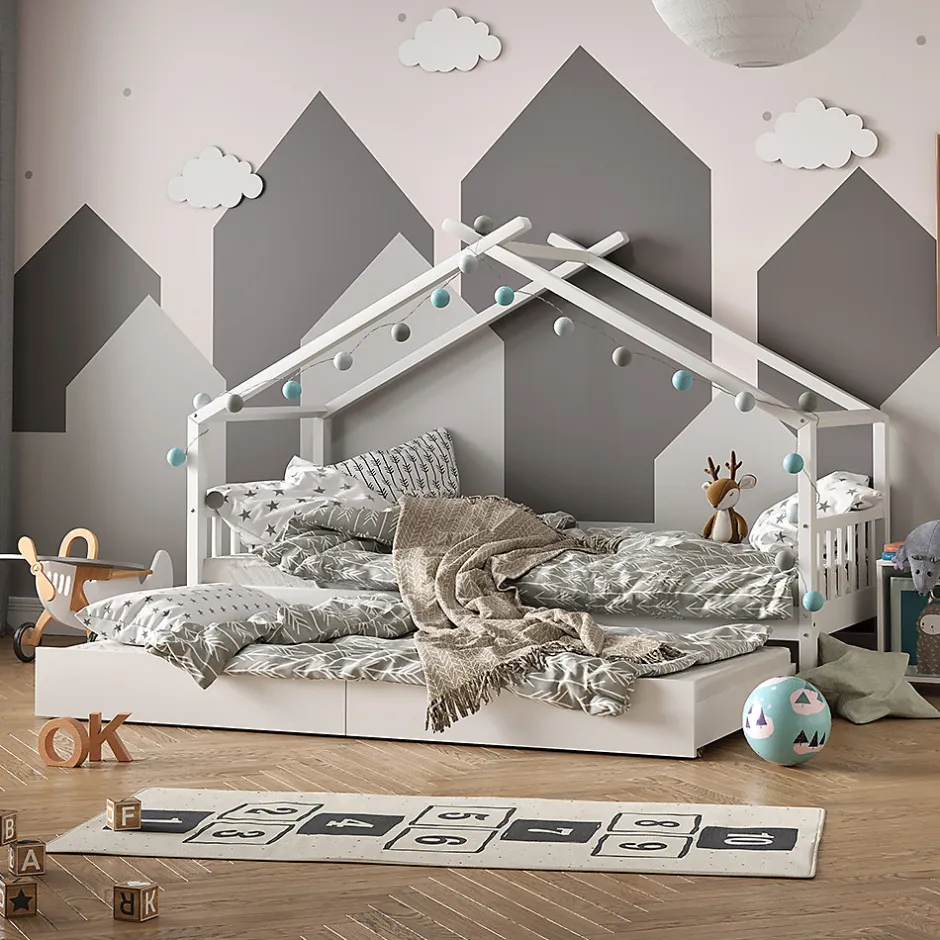 Enfant Vitalispa® Vitalispa Lit cabane Blanc 90x200 cm avec lit dappoint et 2 matelas