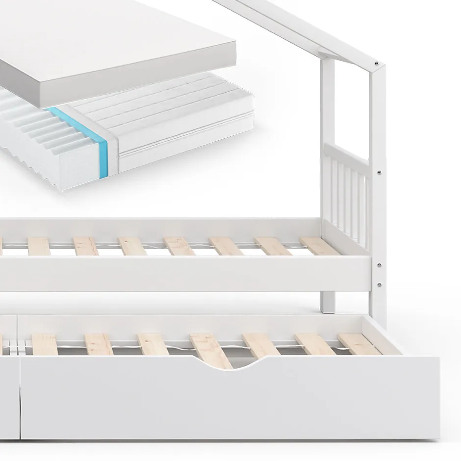 Enfant Vitalispa® Vitalispa Lit cabane Blanc 90x200 cm avec lit dappoint et 2 matelas