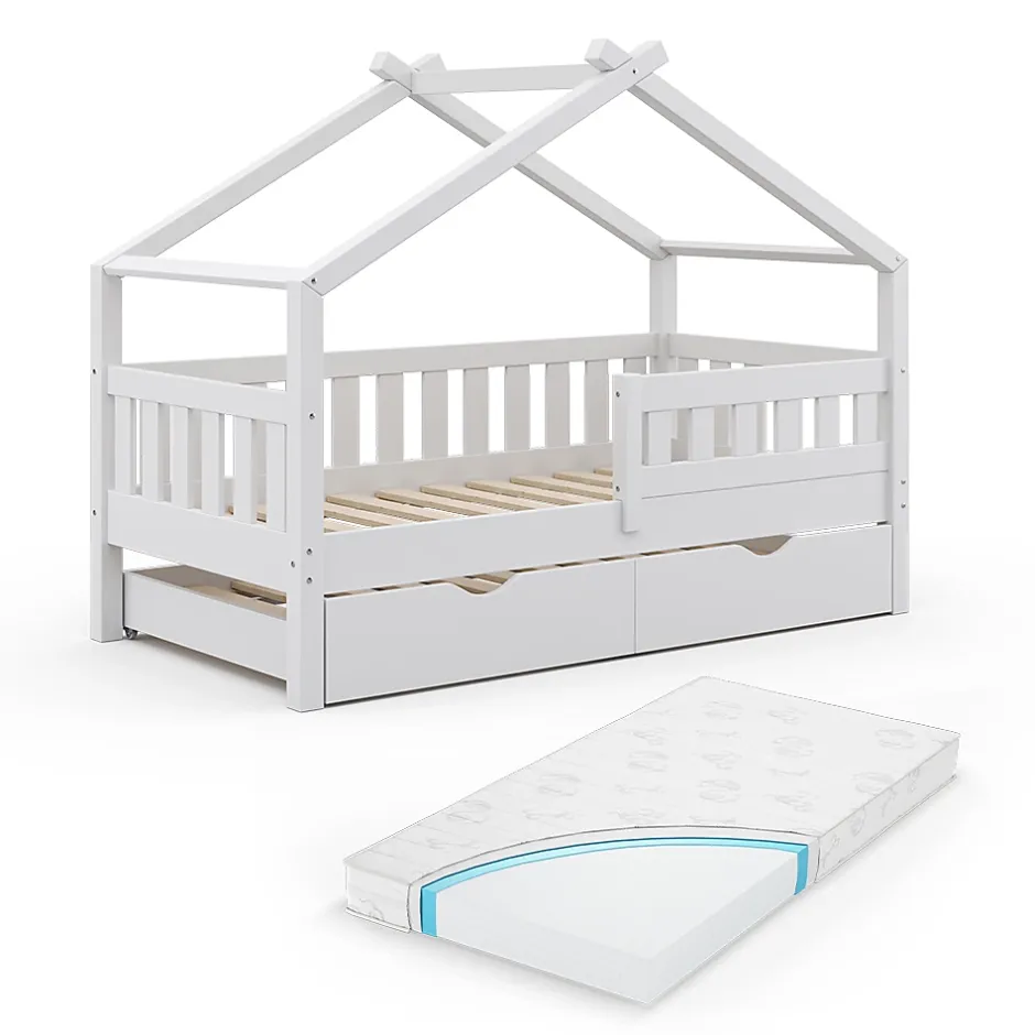 Vitalispa® Vitalispa Lit cabane Blanc 80x160 cm avec lit dappoint et matelas Outlet