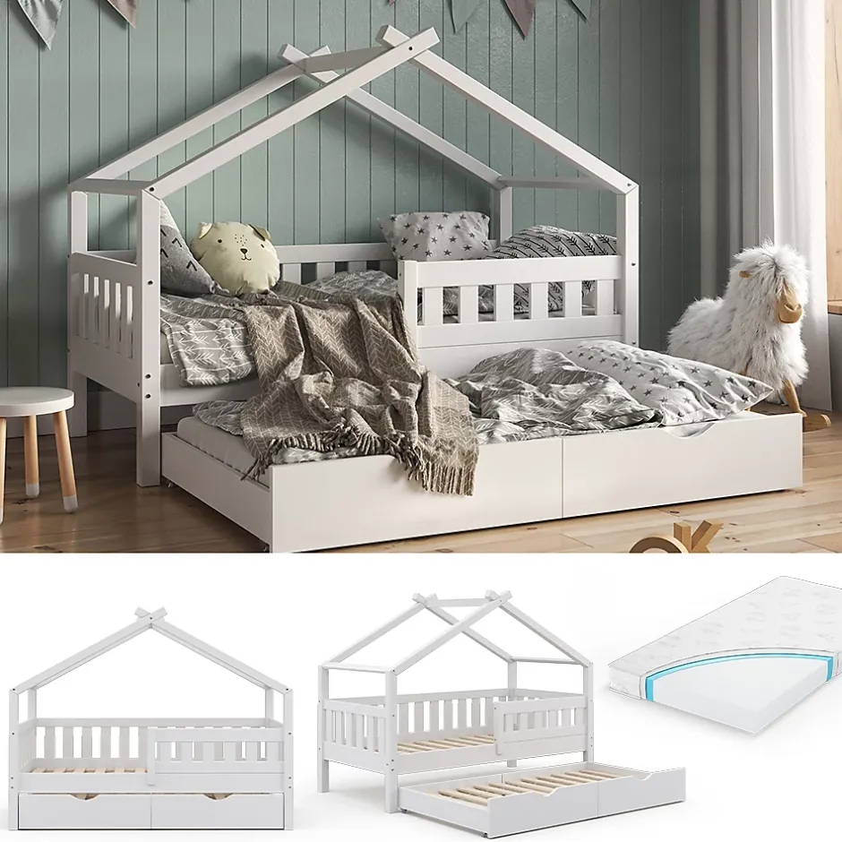 Vitalispa® Vitalispa Lit cabane Blanc 80x160 cm avec lit dappoint et matelas Outlet
