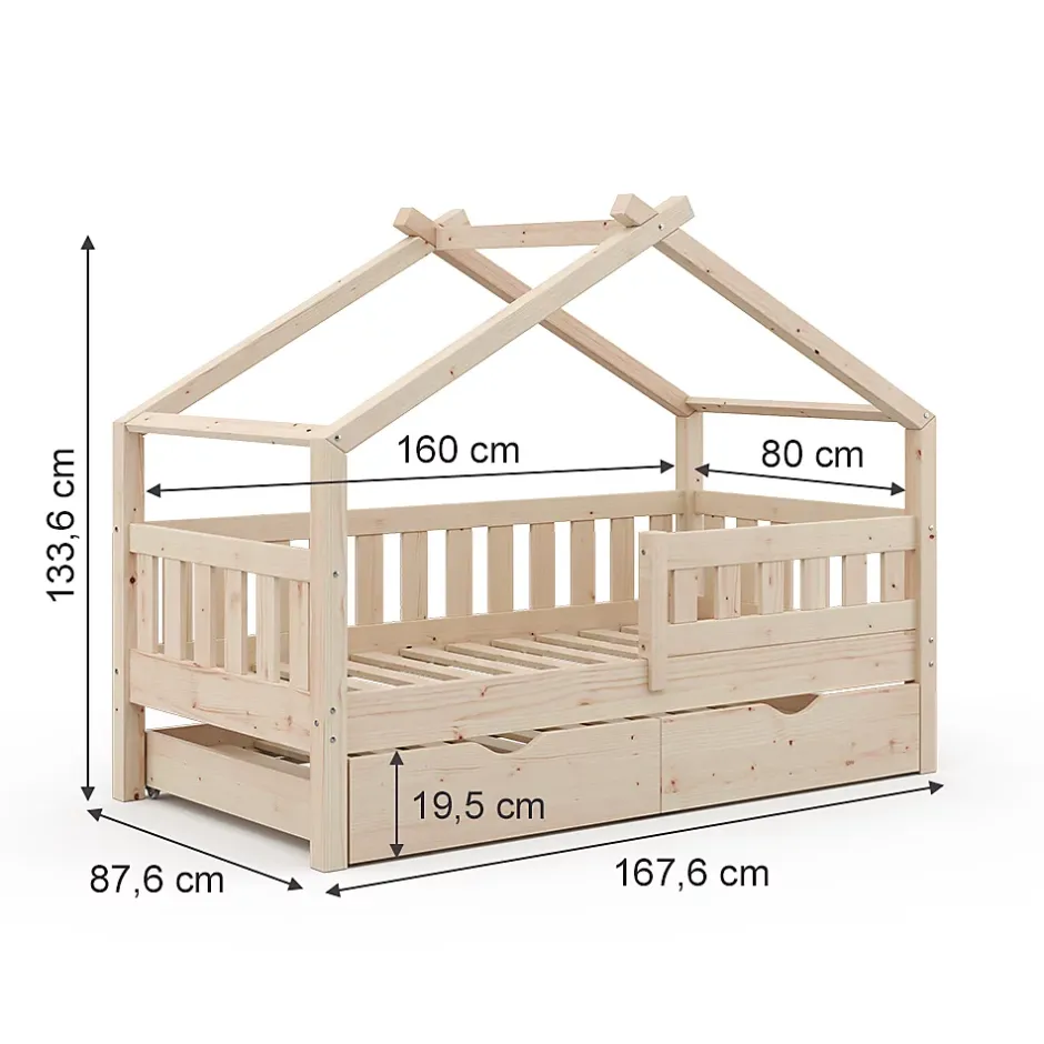 Vitalispa® Vitalispa Lit cabane Naturel bois 80x160 cm avec lit dappoint Outlet