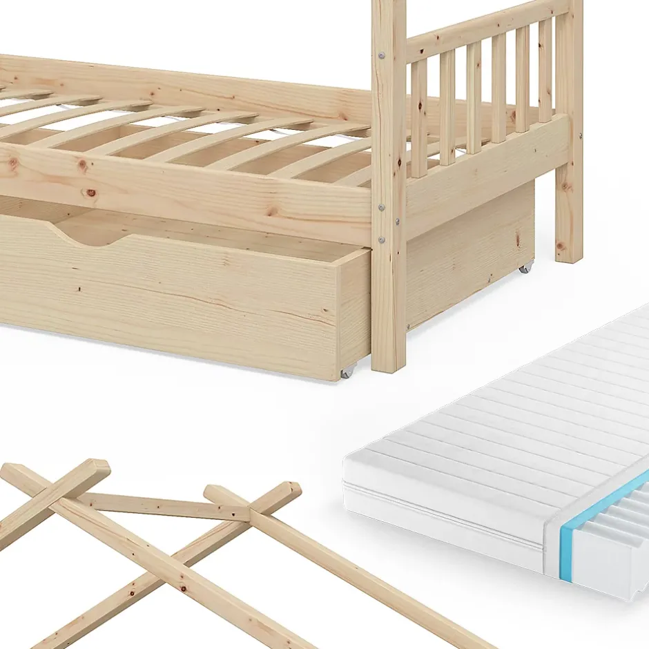 Vitalispa® Vitalispa Lit cabane Naturel bois 90x200 cm avec 2 tiroirs et matelas Hot