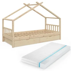 Vitalispa® Vitalispa Lit cabane Naturel bois 90x200 cm avec 2 tiroirs et matelas Hot