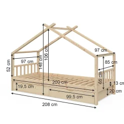 Vitalispa® Vitalispa Lit cabane Naturel bois 90x200 cm avec 2 tiroirs et matelas Hot