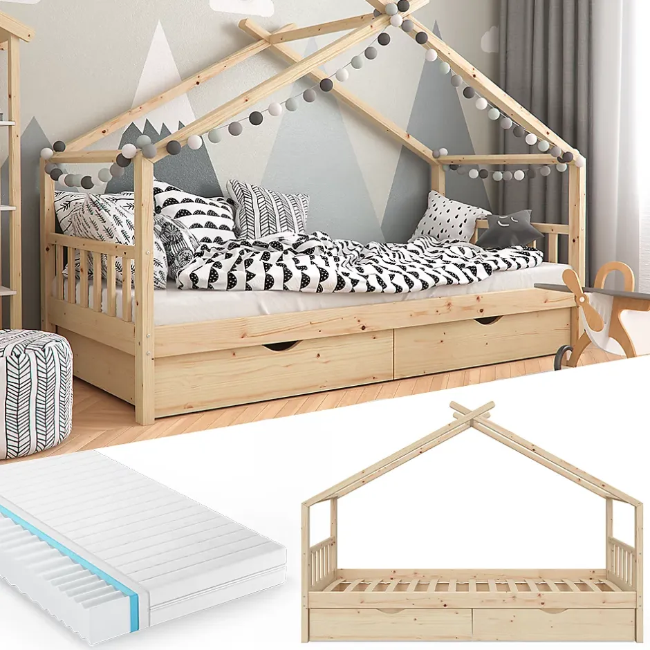 Vitalispa® Vitalispa Lit cabane Naturel bois 90x200 cm avec 2 tiroirs et matelas Hot