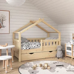 Vitalispa® Vitalispa Lit cabane Naturel bois 70x140 cm avec tiroir et matelas Clearance